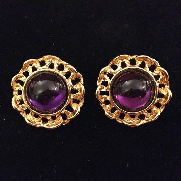 Pierced Earrings Vintage Retro Purple Convex Gold - Picture 1 of 9